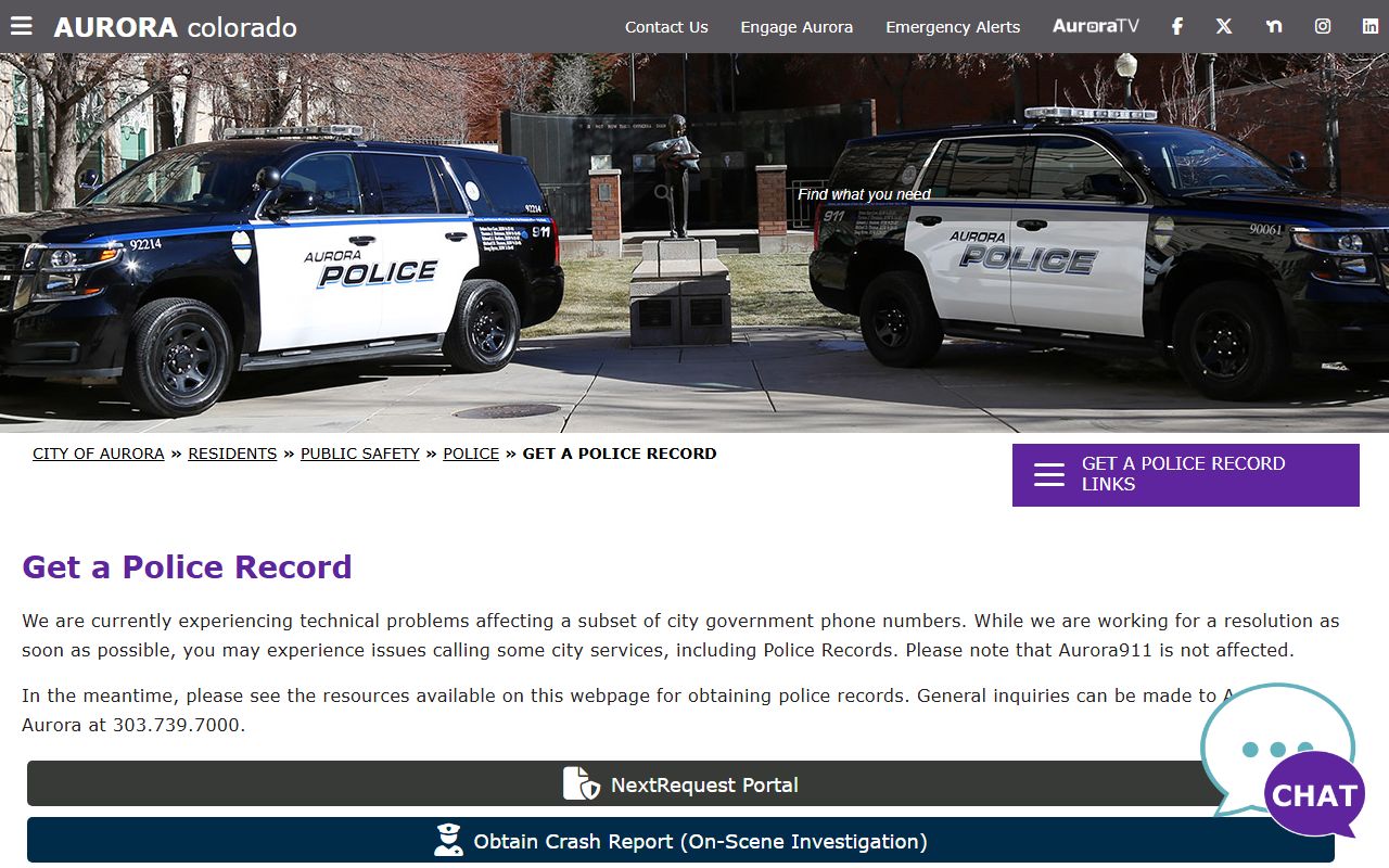 Aurora Police Department records request page for released inmates