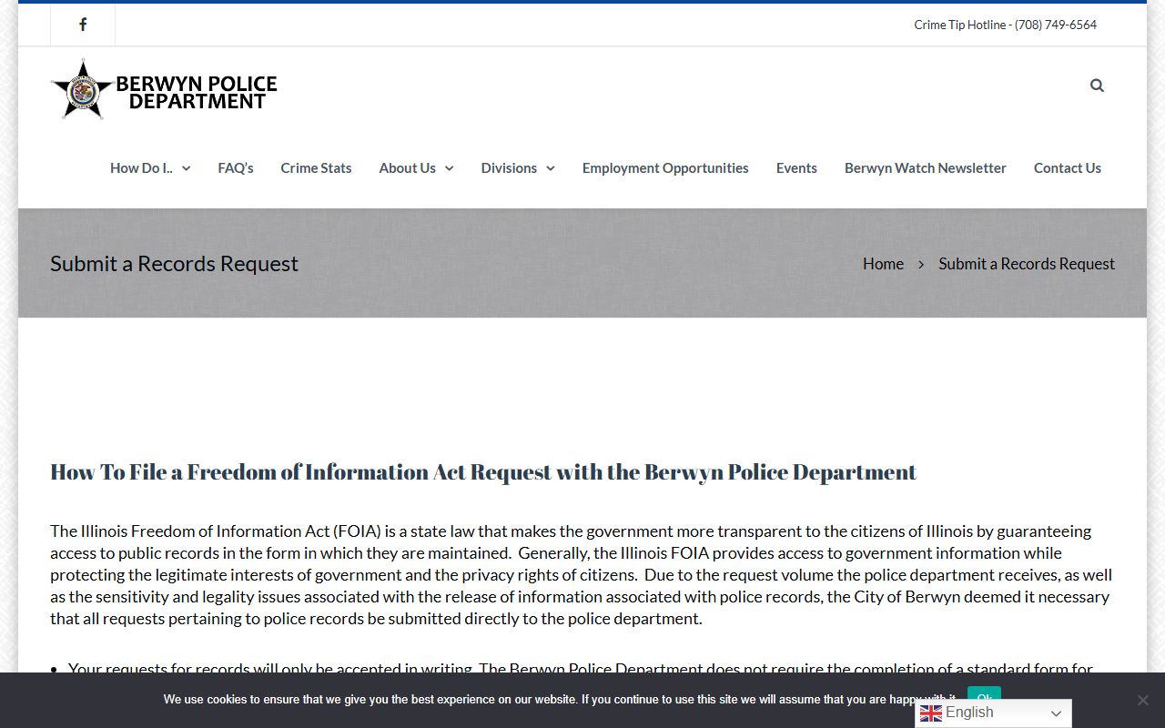 Berwyn Police FOIA page for released inmates records requests