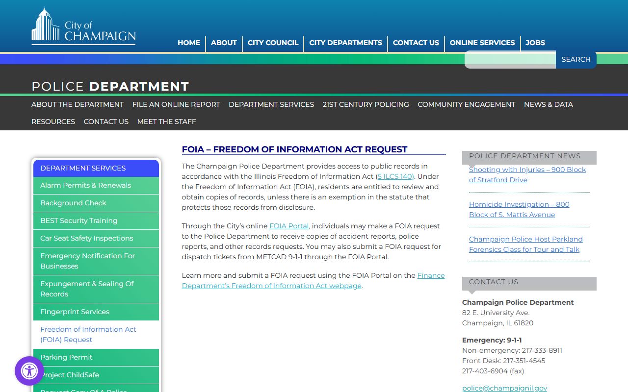 Champaign Police FOIA request page for released inmates records