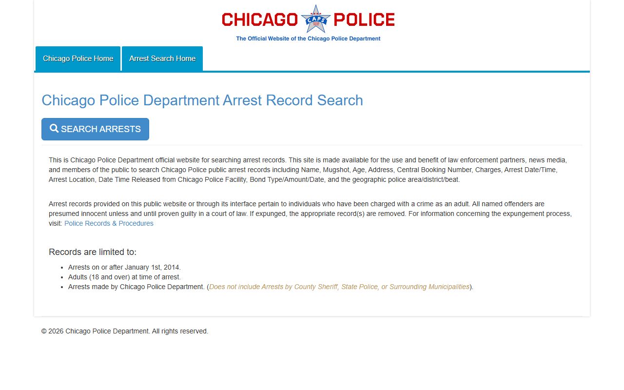 Chicago Police Department public arrest search portal for released inmates