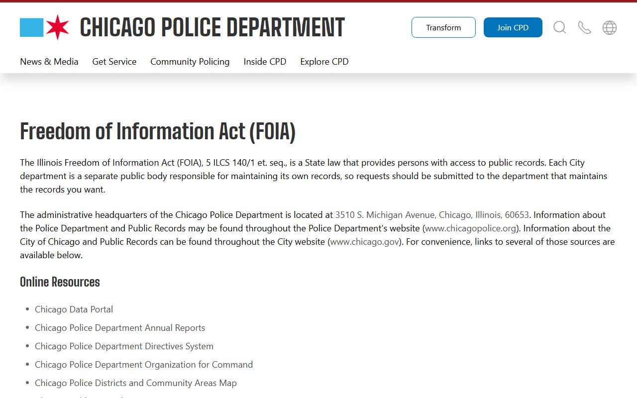 Chicago Police FOIA request page for released inmates records