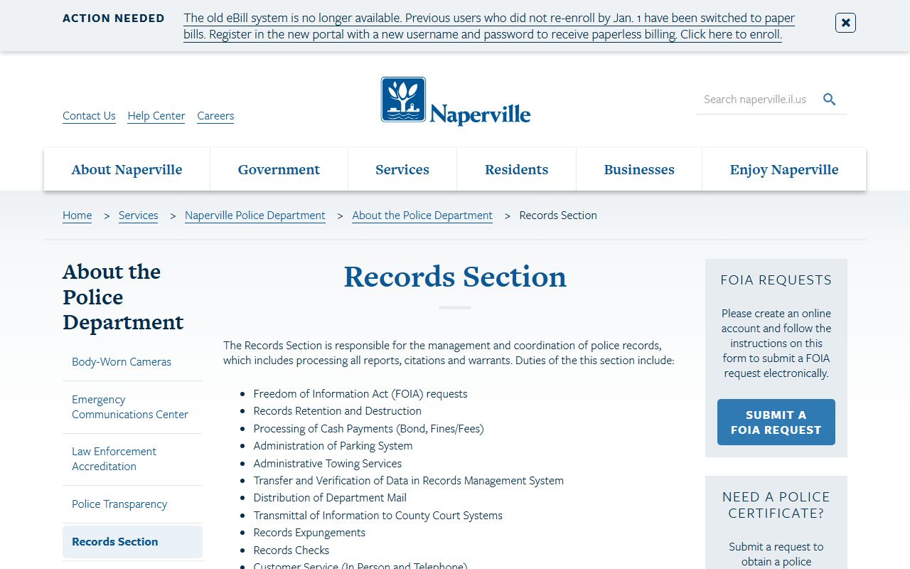 Naperville Police records section page for released inmates requests