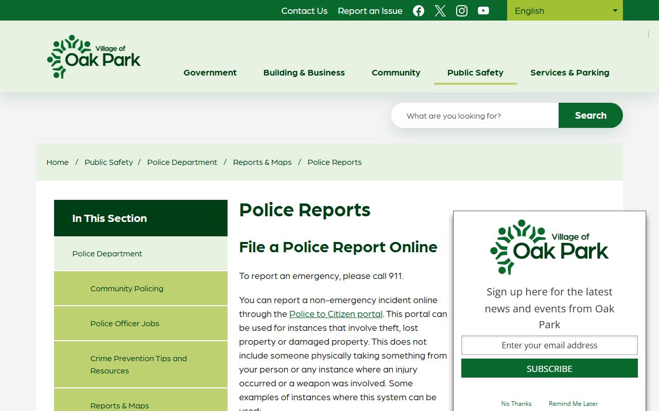 Oak Park Police reports page for released inmates records