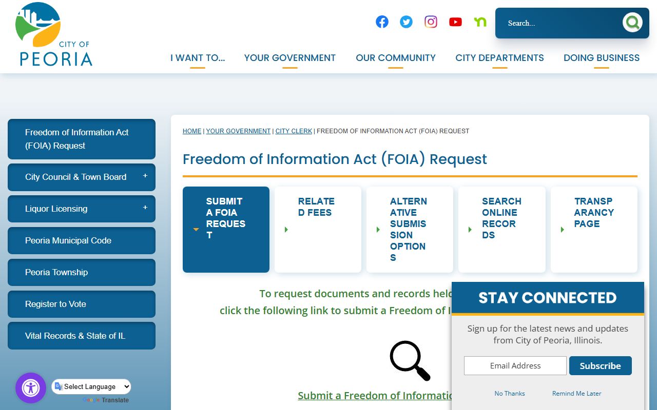 Peoria Police FOIA request page for released inmates records