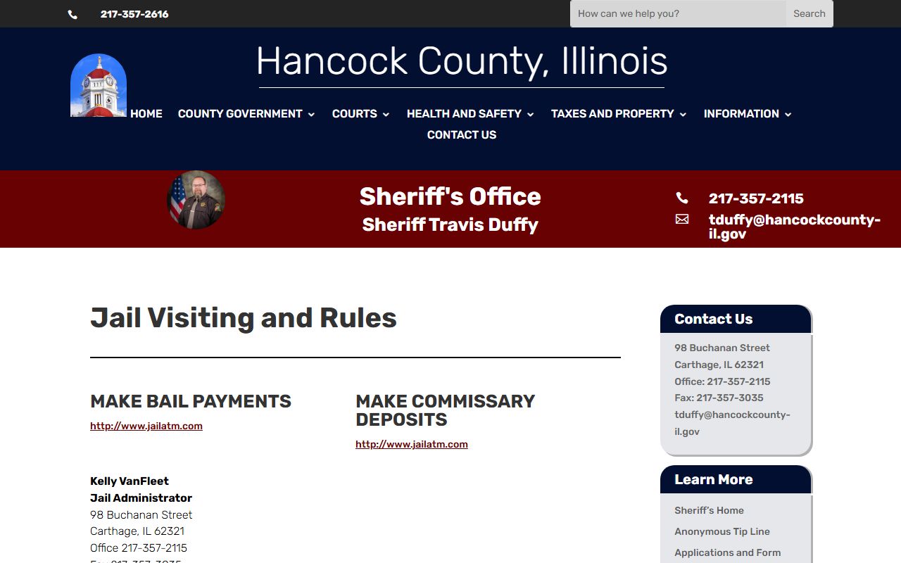 Hancock County jail visiting rules released inmates information