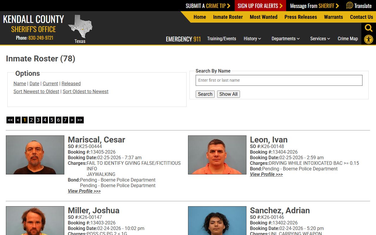 Kendall County inmate roster page for released inmates lookup