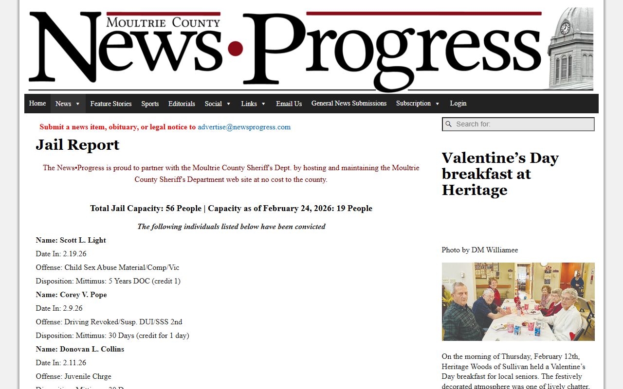 Moultrie County released inmates jail report page