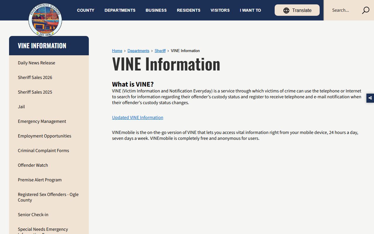 Ogle County released inmates VINE information page