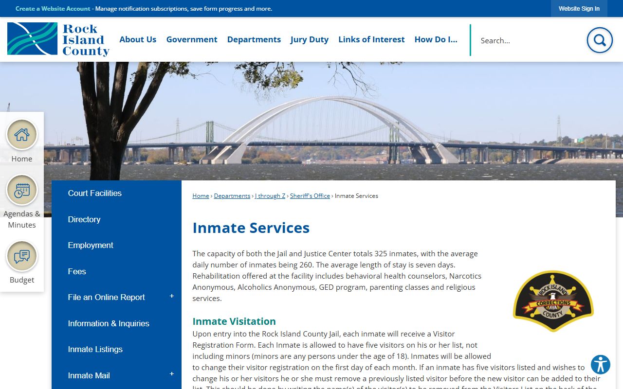 Rock Island County inmate services page for released inmates