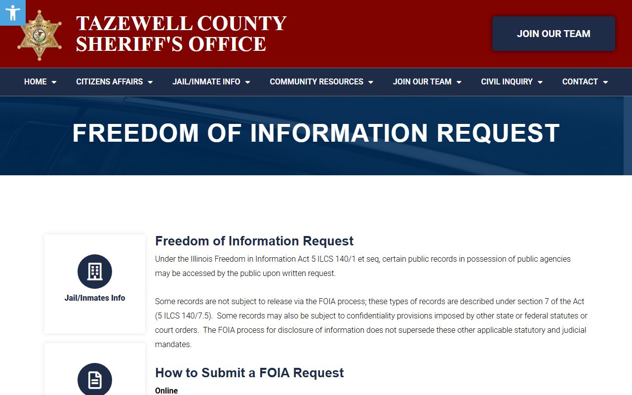 Tazewell County FOIA request page for released inmates records