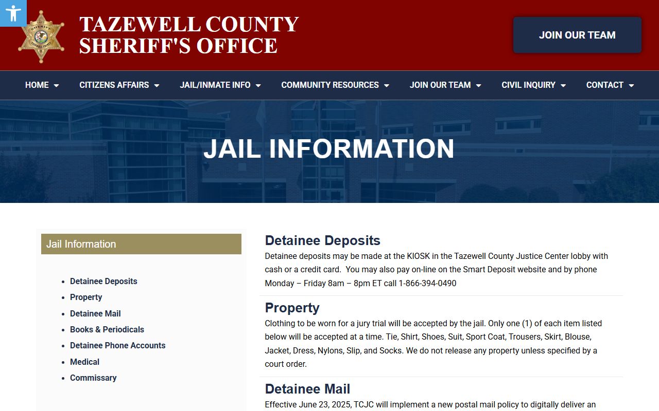 Tazewell County jail information page for released inmates