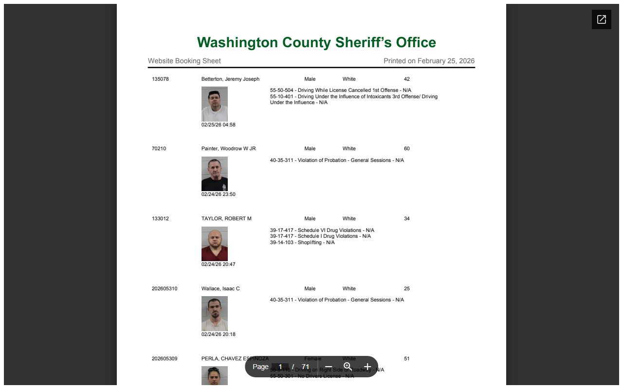 Washington County released inmates recent arrests intake page