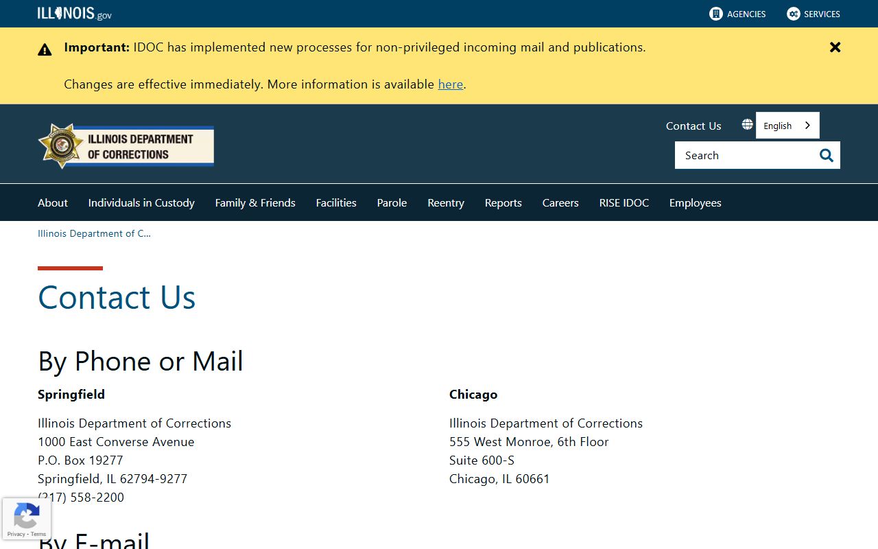 Illinois IDOC contact page for released inmates inquiries