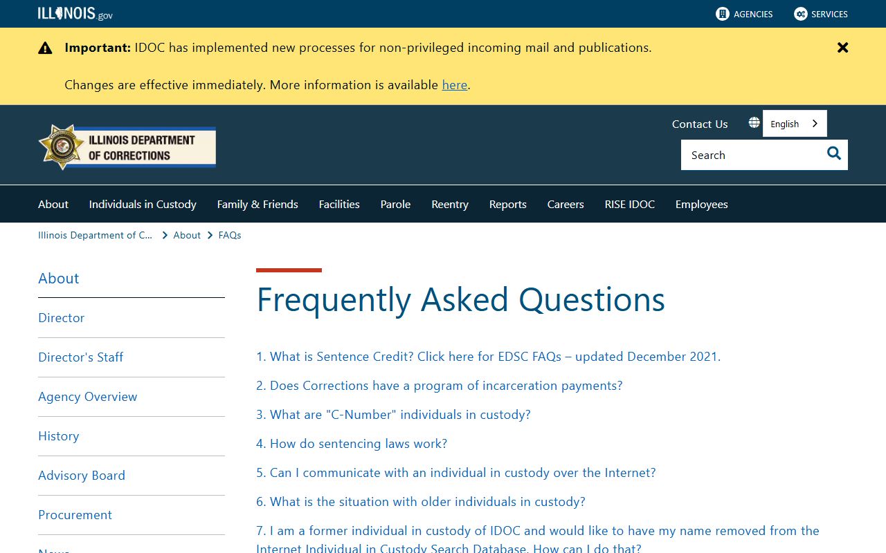 Illinois IDOC FAQs page about released inmates information