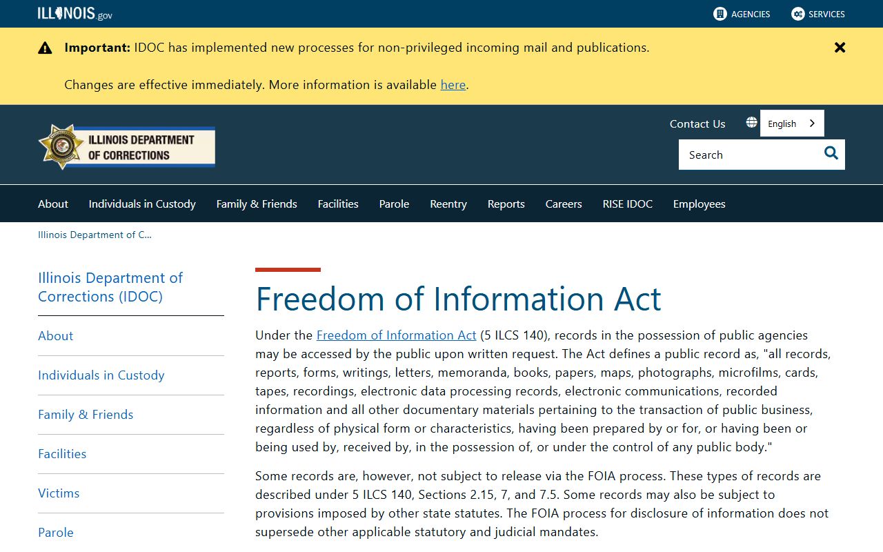 Illinois IDOC FOIA page for released inmates records requests