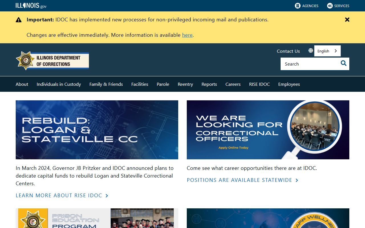 Illinois IDOC homepage for released inmates search