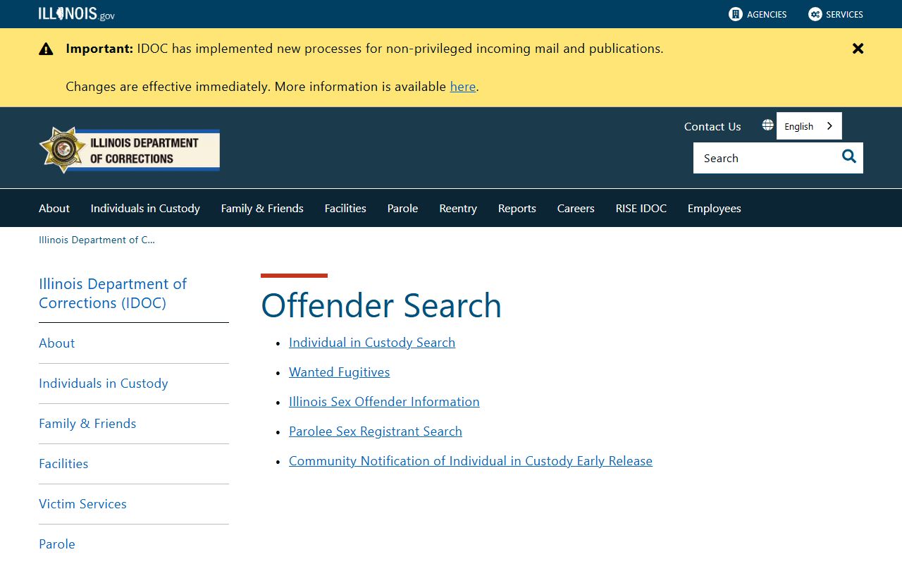 Illinois IDOC offender search portal for released inmates