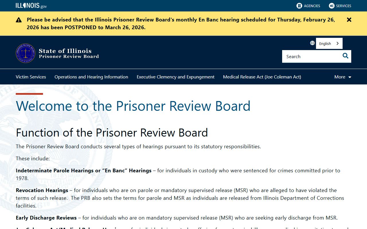Illinois Prisoner Review Board for released inmates hearings